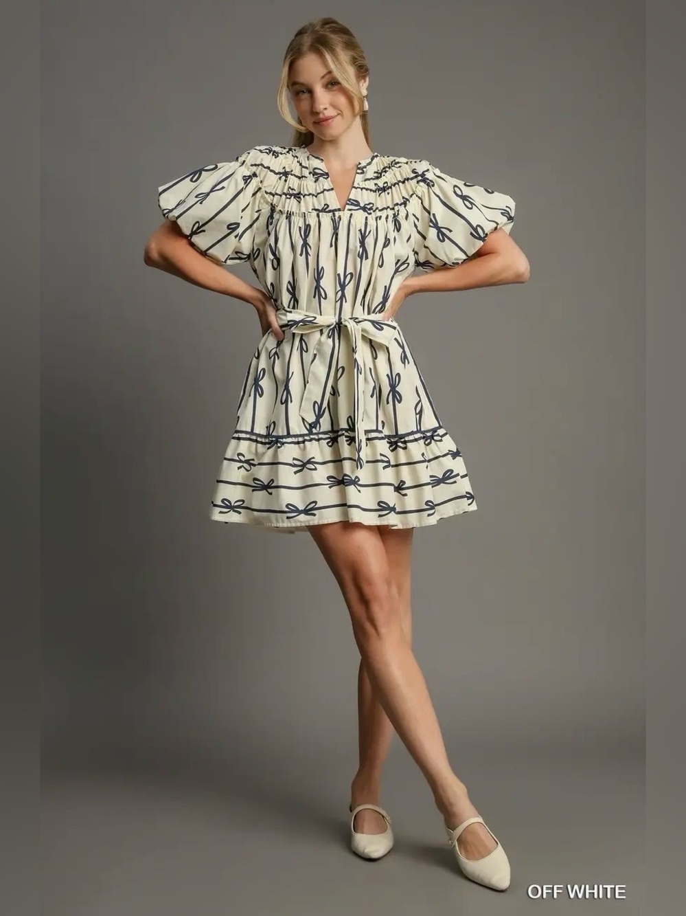 Umgee Ribbon Print Puff Sleeve Dress
